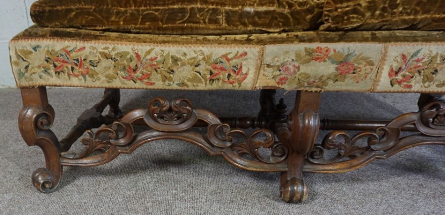 Walnut Framed Wing Back Settee, In Jacobean style, set with tapestry panels, on scroll legs and - Image 7 of 7