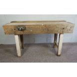 Pine Work Bench, Having attached vice, 86cm high, 153cm wide, 61cm deep