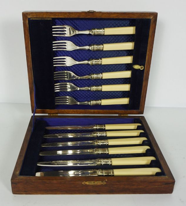 Set of Twelve Late Victorian Silver Plate Fish Knives and Forks, engraved with ferns, ivory handles, - Image 5 of 6