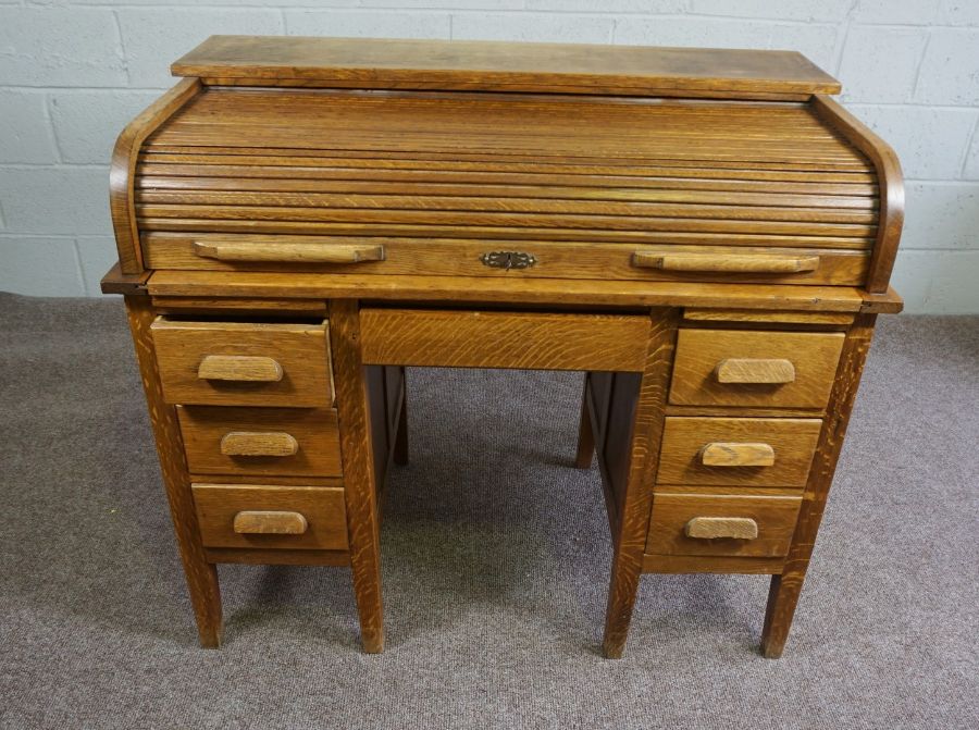 Oak Roll Top Desk, Circa Early 20th Century, Having a tambour roller shutter, Above a drawer, - Image 2 of 5