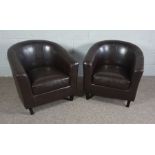 Pair of Brown Faux Leather Tub Chairs on dark wood legs