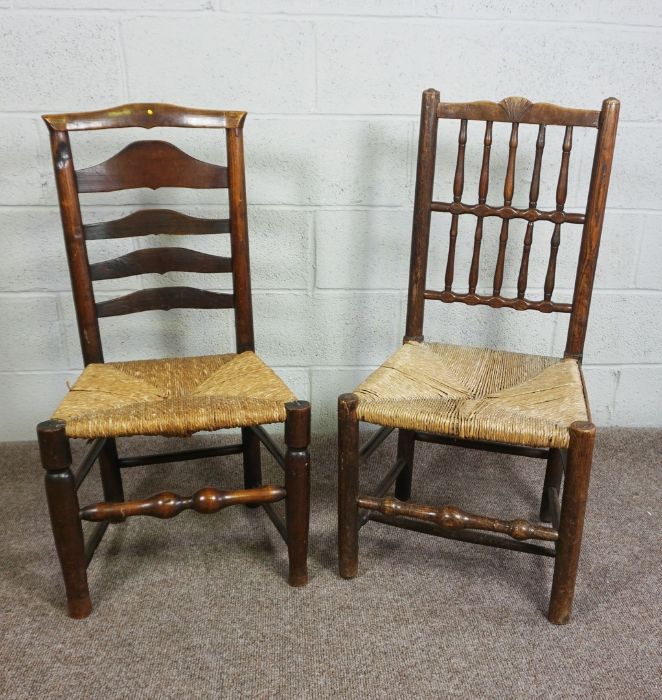 Two Lancashire Style Oak Kitchen Chairs, 19th Century, Both having woven rush seats, 91cm, 97cm high