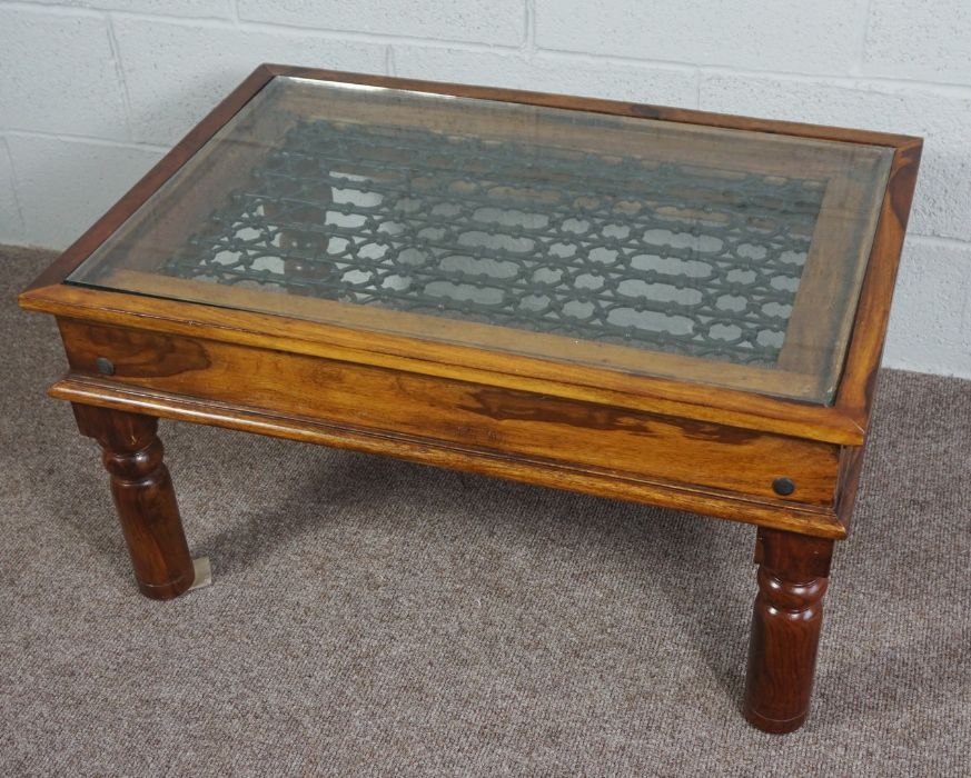 Glass Topped Coffee Table, modern wooden coffee table with iron detail under a glass top