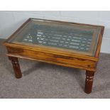 Glass Topped Coffee Table, modern wooden coffee table with iron detail under a glass top