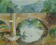 David Wood (1933-1996), "Fishing on the Teviot", Watercolour, Initialled DW, 39cm x 48.5cm, To verso