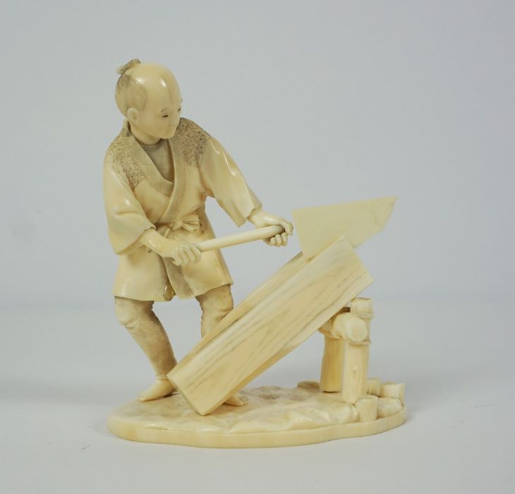 Japanese Ivory Okimono, Meiji Period, Modelled as a Carpenter, Red seal mark to the underside, - Image 2 of 6