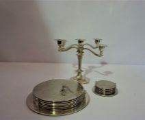 Silver Plated Set of 6 Coaster and Place mats, and a central silver plated candelabra