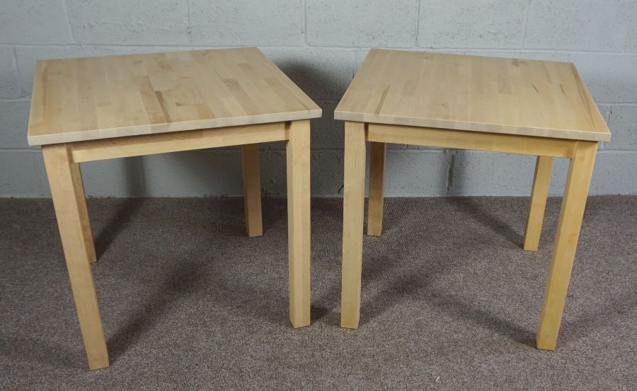 A pair of modern pine square topped occasional tables