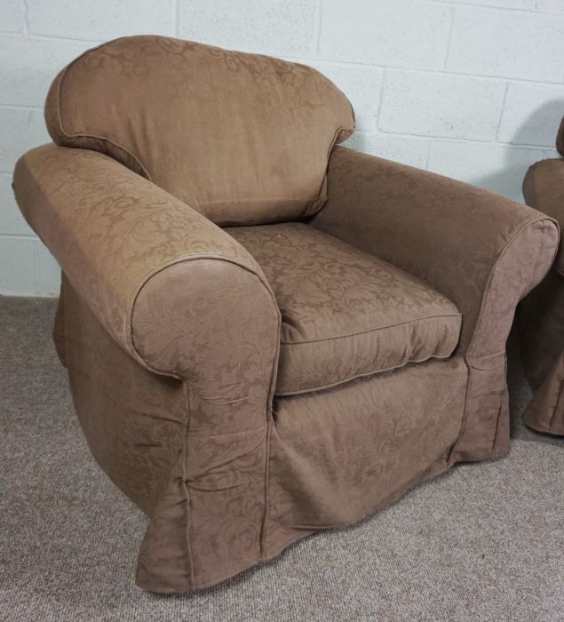 Two brown fabric covered arm chairs - Image 2 of 5