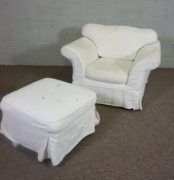 A modern three seater sofa, armchair and ottoman, currently with white linen covers (3) - Image 3 of 3