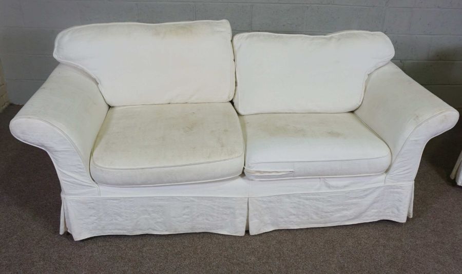 A modern three seater sofa, armchair and ottoman, currently with white linen covers (3) - Image 2 of 3