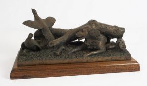 David Hughes, "The Flush", A Bronzed Resin of a hound and two pheasants, on an oak plinth