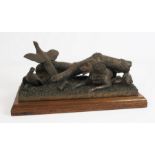 David Hughes, "The Flush", A Bronzed Resin of a hound and two pheasants, on an oak plinth