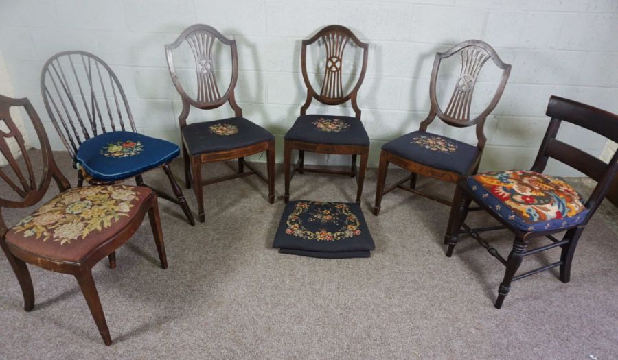 Three Georgian style dining chairs, together with three other assorted chairs (6)