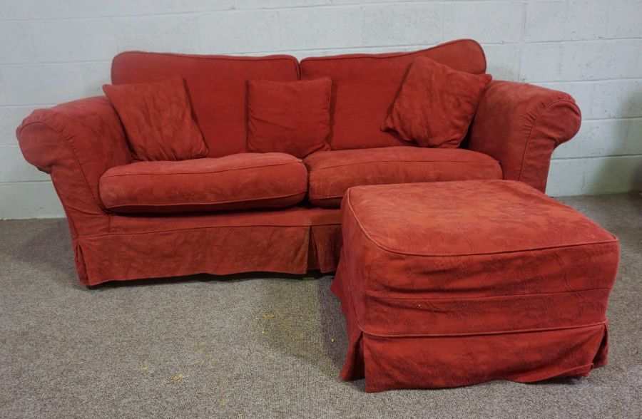 A three seater sofa and ottoman, currently upholstered in crimson, with a cream upholstered armchair - Image 2 of 3
