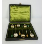 Set of Six Silver Bean Top Coffee Spoons, In fitted box