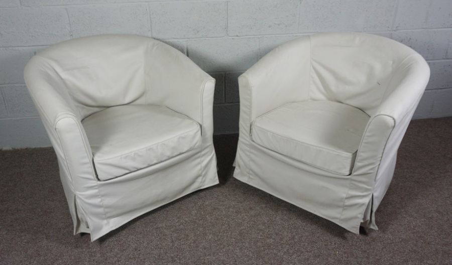 A Pair of Cream Linen Covered Tub Chairs with beige material covering a removable cushion