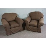 Two brown fabric covered arm chairs