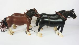 Painted Wood Horses and Carriage, Comprising of two pairs of two horses, 32cm high, 44cm wide