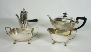 Silver Plate 4 Piece Tea and Coffee Service comprising of Tea Pot, Coffee Pot with wooden handle,