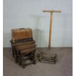 A nest of oak occasional tables, 55cm wide, together with a kitchen chair, Jones sewing machine