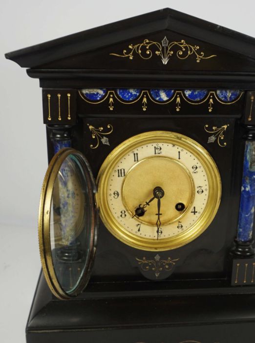 A Victorian slate cased mantel clock, in the classical style, 34cm high; together with a walnut - Image 9 of 9