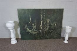 Still life of a Gothic revival candelabrum, oil on canvas, 114 x 153cm; with two modern ceramic