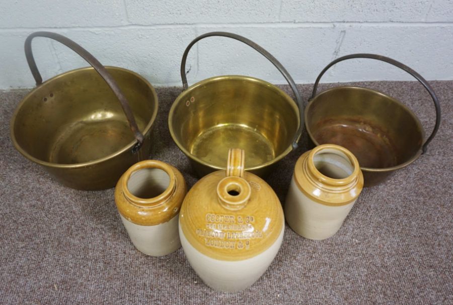 A set of three brass preserving pans, together with three stoneware vessels, including one - Image 2 of 3