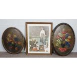A group of assorted pictures and prints, including two oval stiff life paintings of flowers, and
