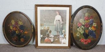 A group of assorted pictures and prints, including two oval stiff life paintings of flowers, and