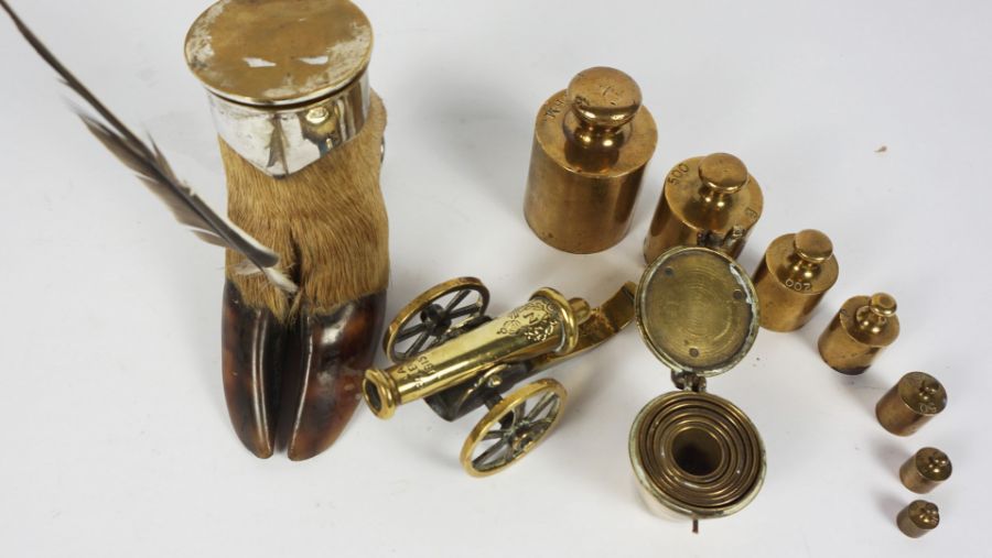 A silver plated and deer foot mounted inkwell, 13cm high; with a graduated set of brass weights (a - Image 4 of 4