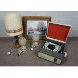 A box of Sundries including Two Cut Glass Table Lamps, two other lamps, a glass desert service,