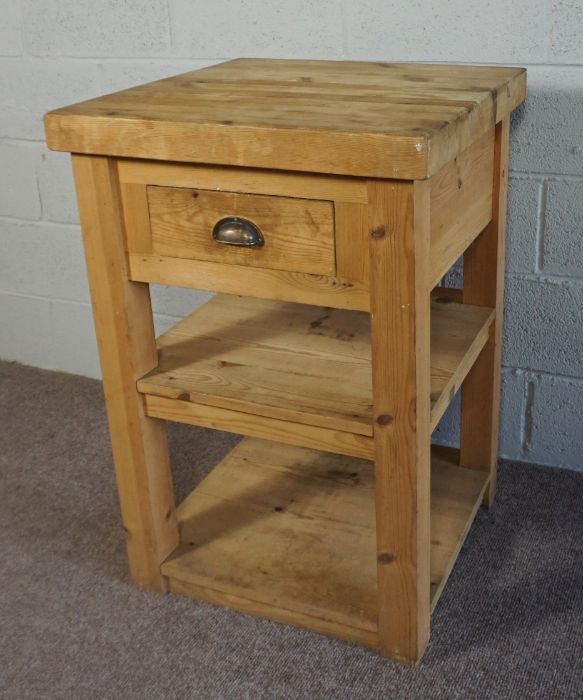 A provincial pine butchers block, 20th century, the thickly planked square top over a single knife - Image 2 of 4