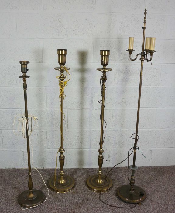 Four brass and metal standard lamps, modern, one with three lights in 17th century style, 161cm high