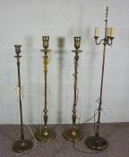 Four brass and metal standard lamps, modern, one with three lights in 17th century style, 161cm high