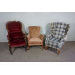 A Victorian spoon backed and button upholstered armchair, with two other armchairs (3)