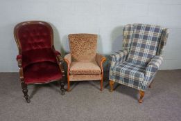 A Victorian spoon backed and button upholstered armchair, with two other armchairs (3)