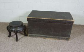 A painted pine tool chest, 105cm wide, together with a Chinese jardiniere stand (2)