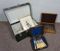 A quantity of assorted cased flatware, a caricature print and a modern childs tuckbox (a lot)
