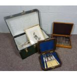 A quantity of assorted cased flatware, a caricature print and a modern childs tuckbox (a lot)