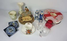 A box of various ceramics include Belleek vase and Coronation ware (a lot)