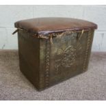 A brass sided coal box with hinged and upholstered top, 33cm high