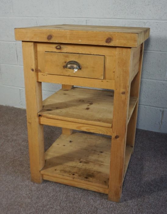 A provincial pine butchers block, 20th century, the thickly planked square top over a single knife - Image 4 of 4