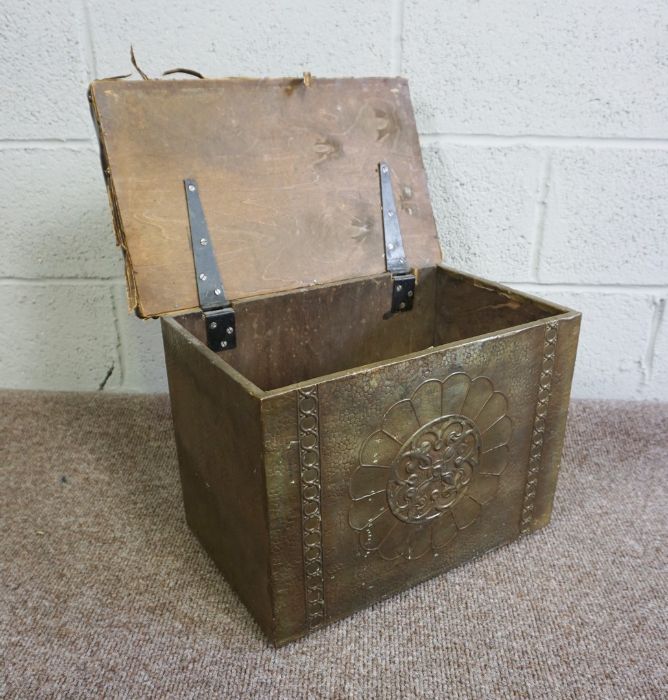 A brass sided coal box with hinged and upholstered top, 33cm high - Image 2 of 3