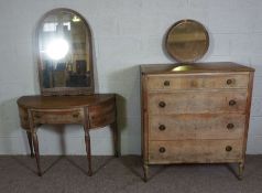 A small George III style demi lune sideboard and an associated chest of drawers, reproduction,