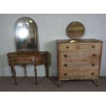 A small George III style demi lune sideboard and an associated chest of drawers, reproduction,
