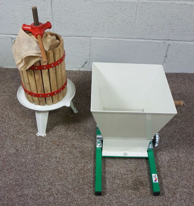 A Clarke FP6B 6 litre fruit press, modern, together with a hand cranked fruit crusher (2)