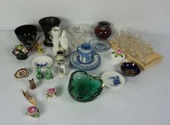 An assortment of ceramics and glass, including a Wedgwood Black Basalt sugar bowl, seven liqueur