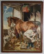 After Edwin Henry Landseer, Shoeing, a tapestry in a mahogany frame, 82cm x 65cm; together with