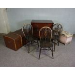 A group of assorted items including an Ottoman, travelling trunk, chest of drawers & three kitchen